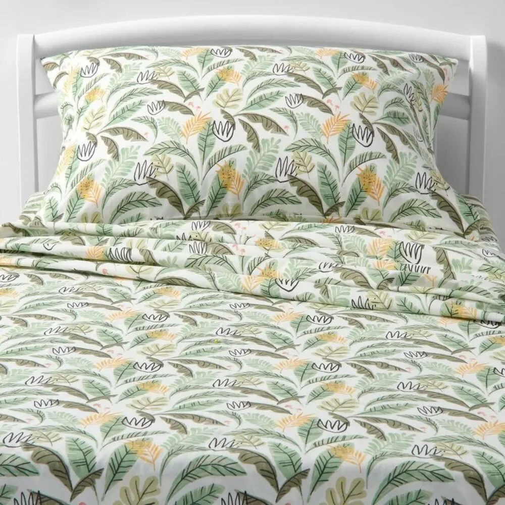 Pillowfort Green and Yellow Botanical Leaf Print Sheet Set